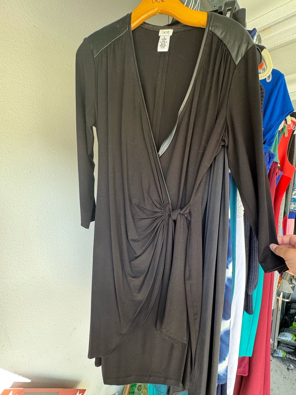 Cache Black Wrap-Style Midi Dress with Knot Front